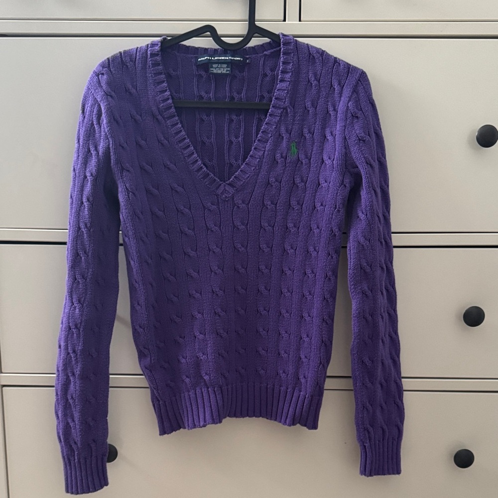 Purple Cable Knit V-Neck Sweater